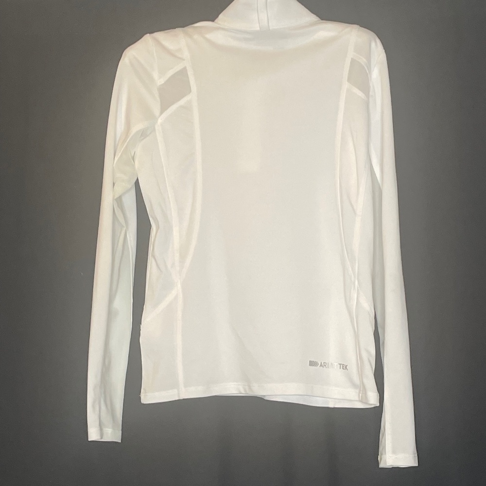 Ariat equestrian women’s quarter zip white riding shirt with sheer air holes.